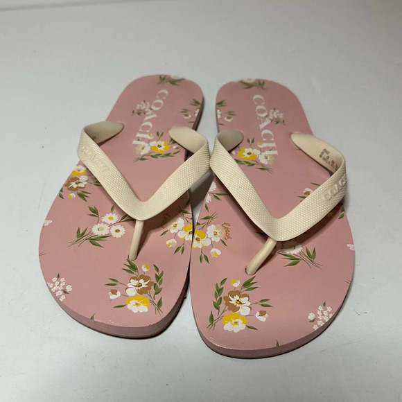 Coach Womens Flip Flops Floral Pattern Pink/Tan Size 8B (FG3437) - Picture 1 of 9